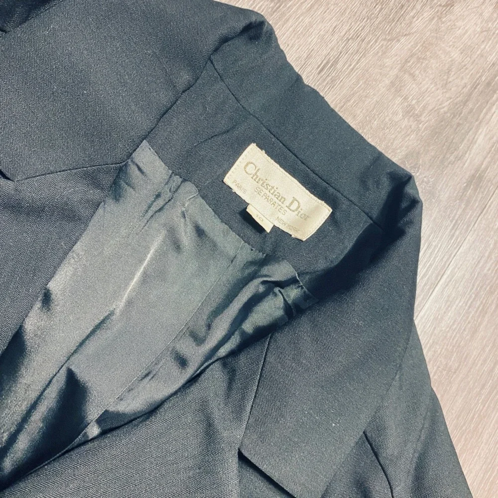 Christian‎ Dior Separates Vintage Black Wool Herringbone Belted Blazer Jacket 10